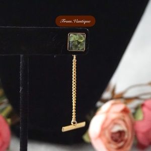 👔 VINTAGE Men Suit Square Green Gem Golden Tie Clip with Chain 🔗
